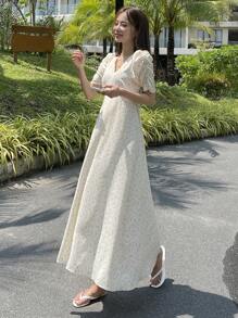 DAZY Ditsy Floral Print Puff Sleeve Dress - Apricot - View 10