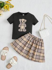 SHEIN 女小童小熊印花T恤&格紋印花半身裙 - 彩色 - 查看 1