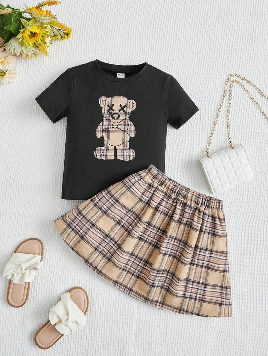 SHEIN 女小童小熊印花T恤&格紋印花半身裙 - 彩色 - 查看 1