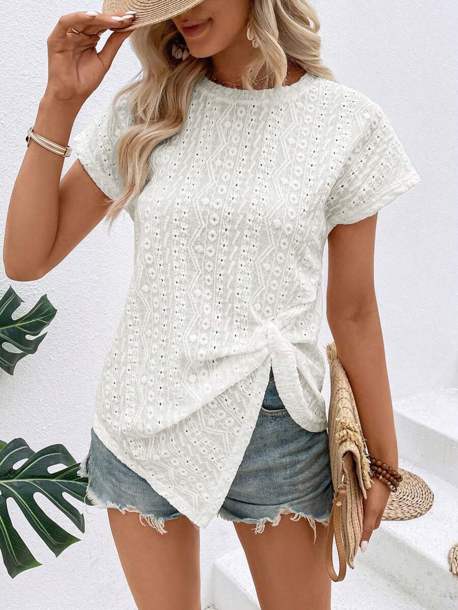 SHEIN VCAY 網眼刺繡蝙蝠袖不對稱下擺T恤 - 杏色 - 查看 1