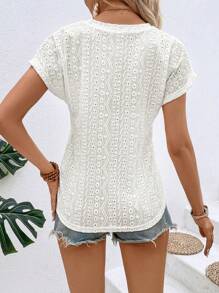 SHEIN VCAY 網眼刺繡蝙蝠袖不對稱下擺T恤 - 杏色 - 查看 2