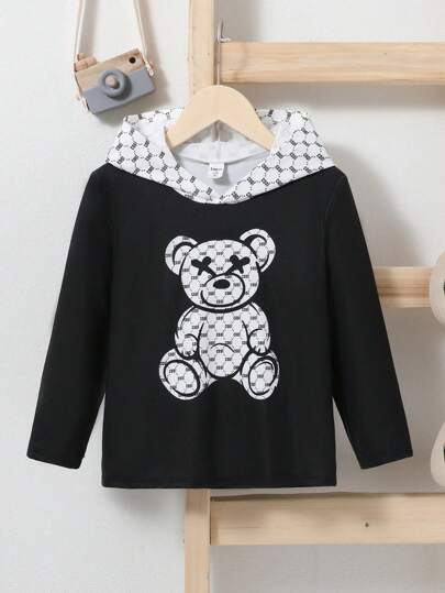 SHEIN 男小童小熊印花連帽T恤