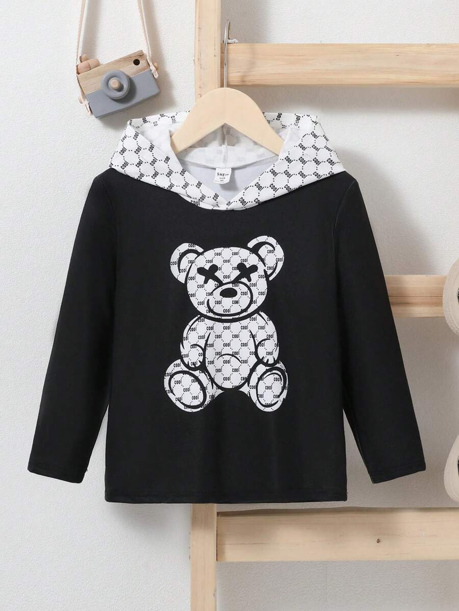 SHEIN 男小童小熊印花連帽T恤 - 黑色 - 查看 1