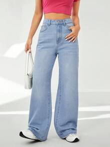 SHEIN EZwear Slant Pocket Wide Leg Jeans - Light Wash - View 1