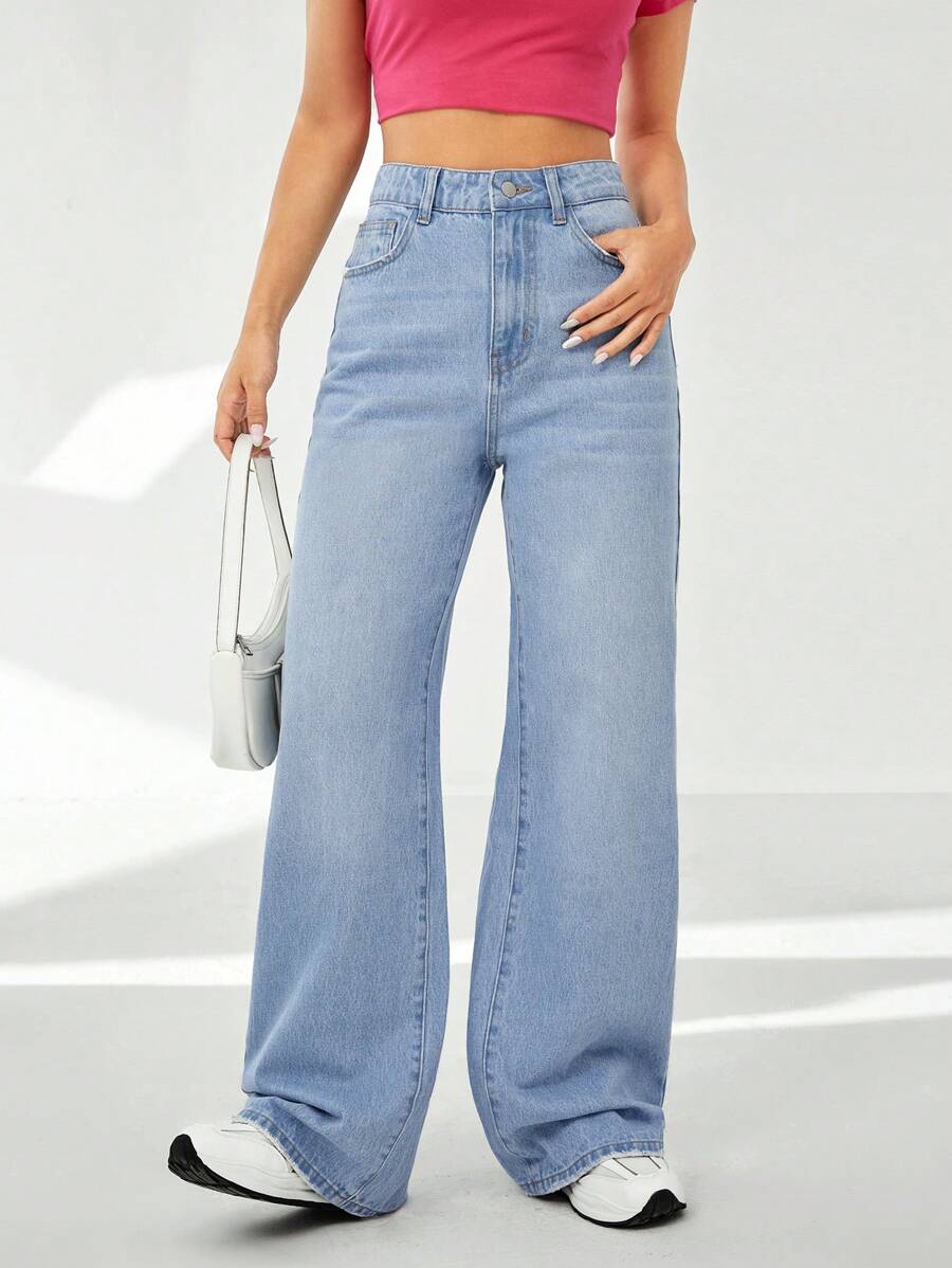 SHEIN EZwear Slant Pocket Wide Leg Jeans - Light Wash - View 1