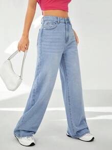SHEIN EZwear Slant Pocket Wide Leg Jeans - Light Wash - View 5