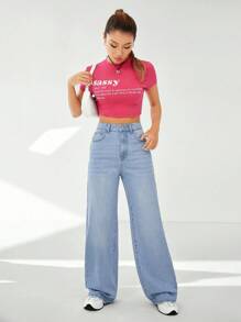 SHEIN EZwear Slant Pocket Wide Leg Jeans - Light Wash - View 6