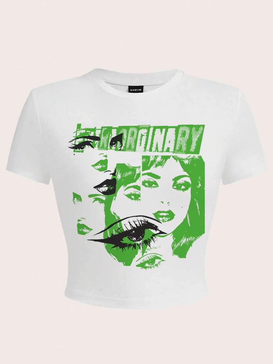 SHEIN EZwear Áo thun nữ cổ tròn tay ngắn in họa tiết chân dung phong cách Châu Âu & Mỹ, mùa hè - trắng - Xem 1
