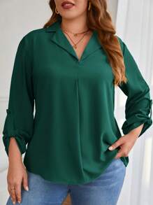 SHEIN Frenchy Plus Roll Tab Sleeve Blouse - Dark Green - View 1