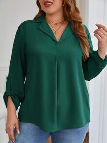 SHEIN Frenchy Plus Roll Tab Sleeve Blouse - Dark Green - View 3