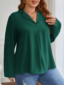 SHEIN Frenchy Plus Roll Tab Sleeve Blouse - Dark Green - View 4