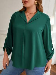 SHEIN Frenchy Plus Roll Tab Sleeve Blouse - Dark Green - View 5