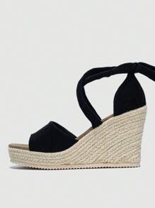 女士腿部繫帶設計草編鞋底涼鞋,度假夏天仿麂皮綁帶涼鞋 - 黑色 - 查看 4