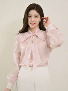 DAZY Cà vạt Tay áo lồng đèn Áo sơ mi - Màu be - Xem 4