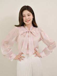 DAZY Cà vạt Tay áo lồng đèn Áo sơ mi - Màu be - Xem 5