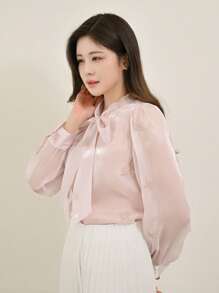 DAZY Cà vạt Tay áo lồng đèn Áo sơ mi - Màu be - Xem 6