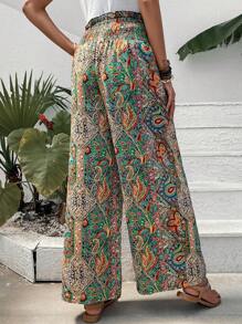 SHEIN Frenchy Paisley Print Paperbag Waist Knot Front Wide Leg Trousers - Multicolor - View 2