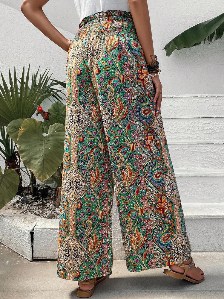 SHEIN Frenchy Paisley Print Paperbag Waist Knot Front Wide Leg Trousers - Multicolor - View 2