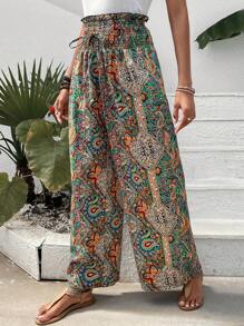 SHEIN Frenchy Paisley Print Paperbag Waist Knot Front Wide Leg Trousers - Multicolor - View 3