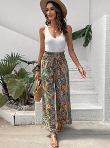 SHEIN Frenchy Paisley Print Paperbag Waist Knot Front Wide Leg Trousers - Multicolor - View 5