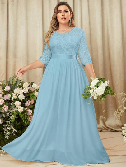 MIUSOL 大碼蕾絲拼接雪紡正式連衣裙