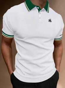 Manfinity Homme Áo thun có cổ Nam Nút Khối Màu Lá thư Giải trí - trắng - Xem 1