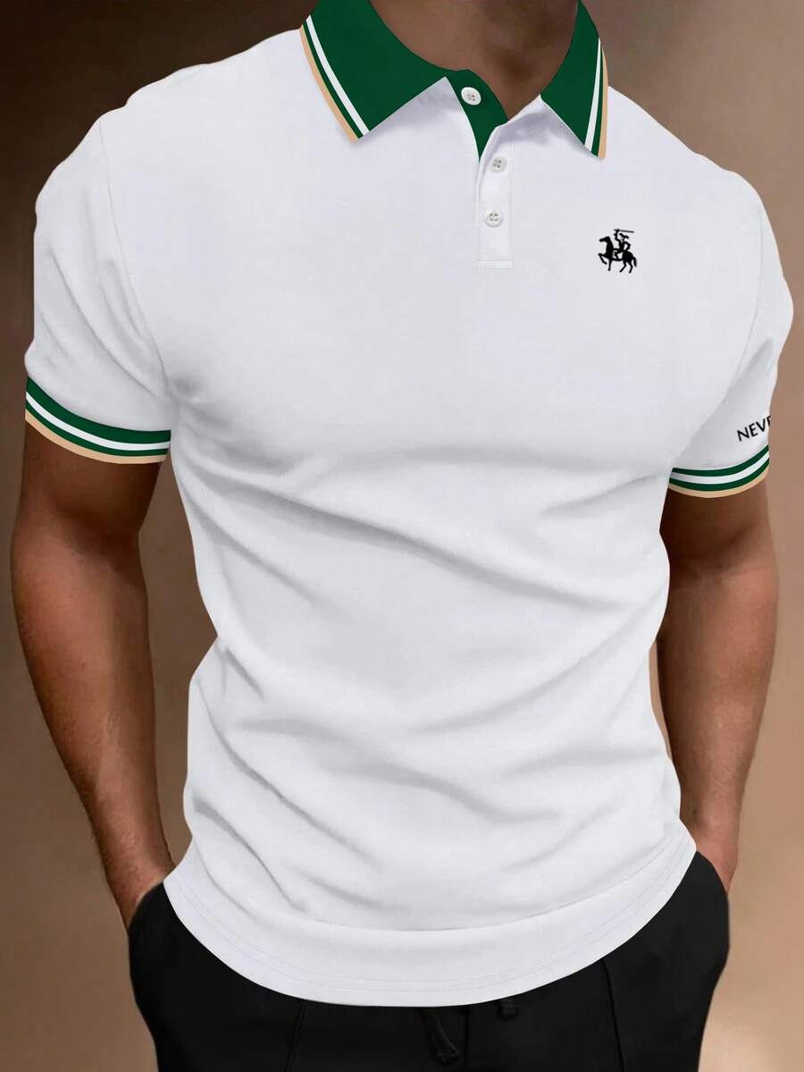 Manfinity Homme Áo thun có cổ Nam Nút Khối Màu Lá thư Giải trí - trắng - Xem 1