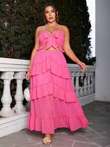 Glamaker Bộ thời trang Plus Size phân lớp Viên lá sen Thắt nơ trước màu trơn Boho - Hồng - Xem 1