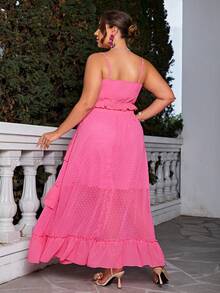 Glamaker Bộ thời trang Plus Size phân lớp Viên lá sen Thắt nơ trước màu trơn Boho - Hồng - Xem 2