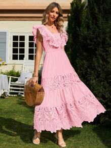 Simplee 水溶蕾絲拼接荷葉邊連衣裙 - 粉色 - 查看 1