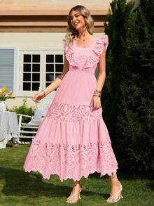 Simplee 水溶蕾絲拼接荷葉邊連衣裙 - 粉色 - 查看 4