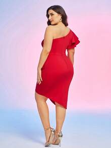 Đầm Plus Size Bất đối xứng Xù phân lớp Trọn gói Ruffle phóng đại màu trơn Buổi tiệc - Đỏ - Xem 2