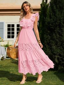 Simplee 水溶蕾絲拼接荷葉邊連衣裙 - 粉色 - 查看 5