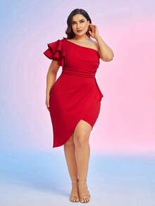 Đầm Plus Size Bất đối xứng Xù phân lớp Trọn gói Ruffle phóng đại màu trơn Buổi tiệc - Đỏ - Xem 3