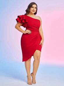 Đầm Plus Size Bất đối xứng Xù phân lớp Trọn gói Ruffle phóng đại màu trơn Buổi tiệc - Đỏ - Xem 4