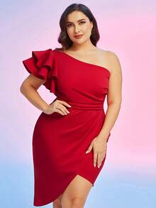 Đầm Plus Size Bất đối xứng Xù phân lớp Trọn gói Ruffle phóng đại màu trơn Buổi tiệc - Đỏ - Xem 5