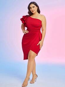 Đầm Plus Size Bất đối xứng Xù phân lớp Trọn gói Ruffle phóng đại màu trơn Buổi tiệc - Đỏ - Xem 6