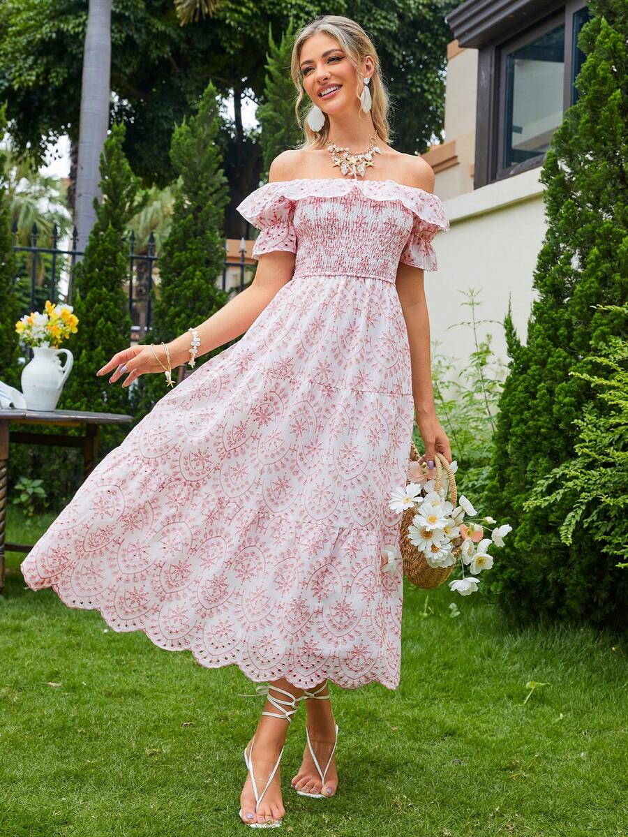 Simplee Váy hở vai cạp cao thêu màu trơn mới về mùa hè cho nữ, váy dự tiệc, lễ hội âm nhạc, tiệc tốt nghiệp - Hồng - Xem 1