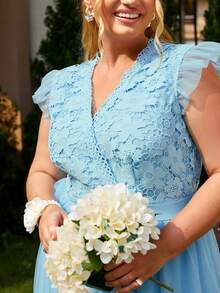 Simplee Đầm Plus Size Tương phản ren Tương phản Mesh Xù Buộc lại Dây kéo màu trơn Thanh lịch - Màu xanh lam - Xem 4