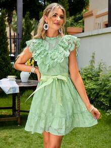 Simplee Jacquard Ruffle Trim Belted Dress - Green - View 5