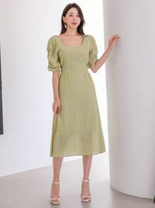 DAZY 素色方領泡泡袖連衣裙 - 薄荷綠 - 查看 5