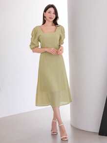 DAZY 素色方領泡泡袖連衣裙 - 薄荷綠 - 查看 3