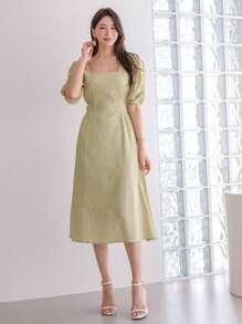 DAZY 素色方領泡泡袖連衣裙 - 薄荷綠 - 查看 4