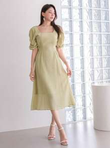 DAZY 素色方領泡泡袖連衣裙 - 薄荷綠 - 查看 1