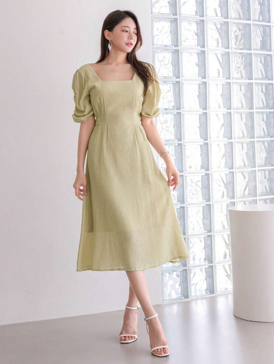 DAZY 素色方領泡泡袖連衣裙 - 薄荷綠 - 查看 1