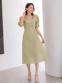 DAZY 素色方領泡泡袖連衣裙 - 薄荷綠 - 查看 7