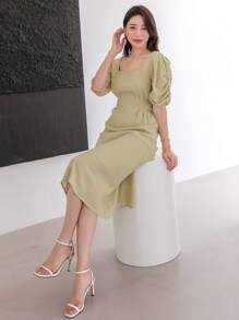 DAZY 素色方領泡泡袖連衣裙 - 薄荷綠 - 查看 8