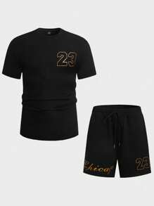 Manfinity Campus Court Men Plus Letter Graphic Tee & Shorts - Black - View 1