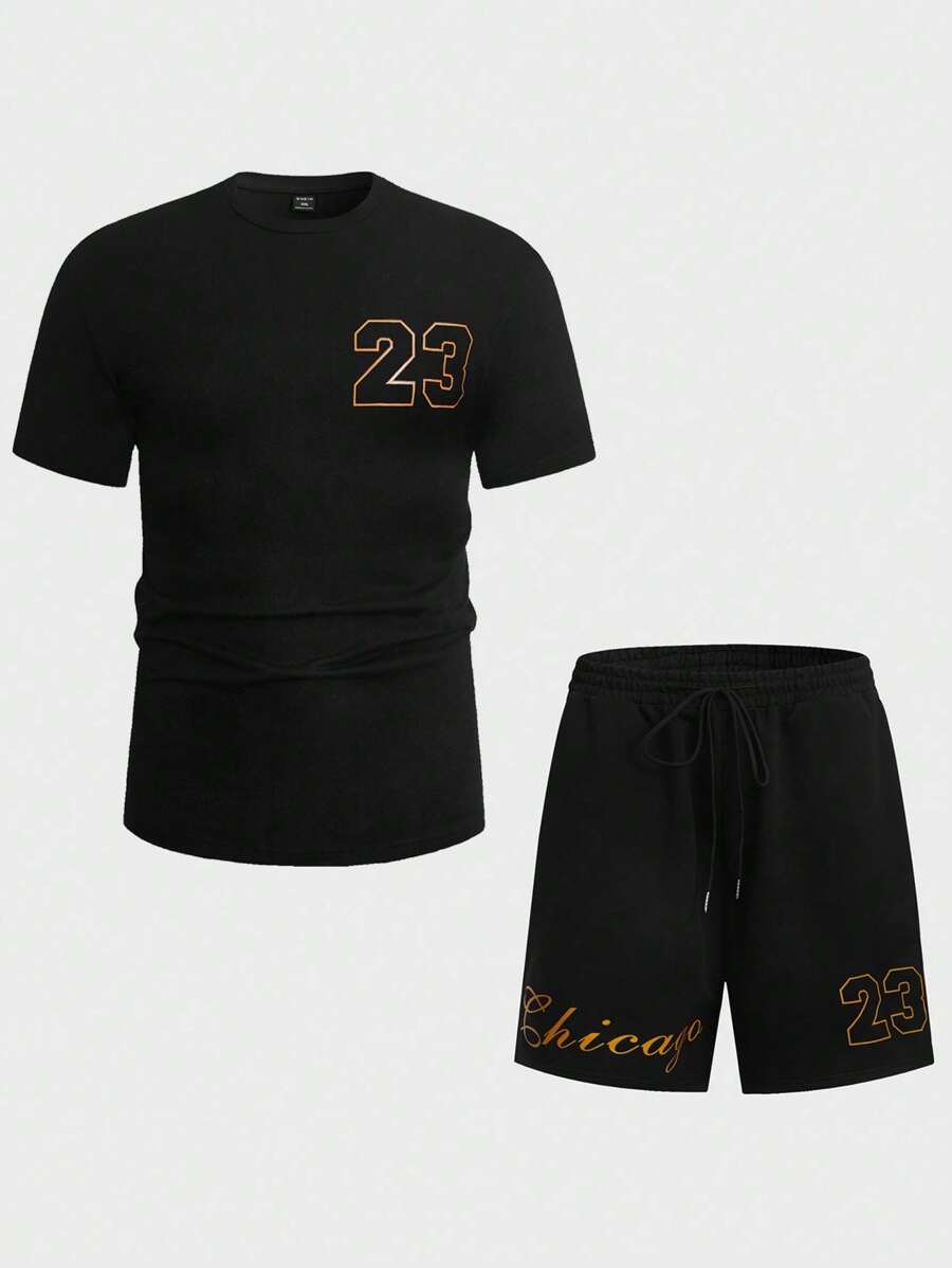 Manfinity Campus Court Men Plus Letter Graphic Tee & Shorts - Black - View 1