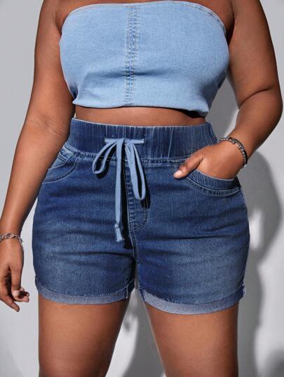 مقاس كبير شورت دنيم رباط خصر قص خام